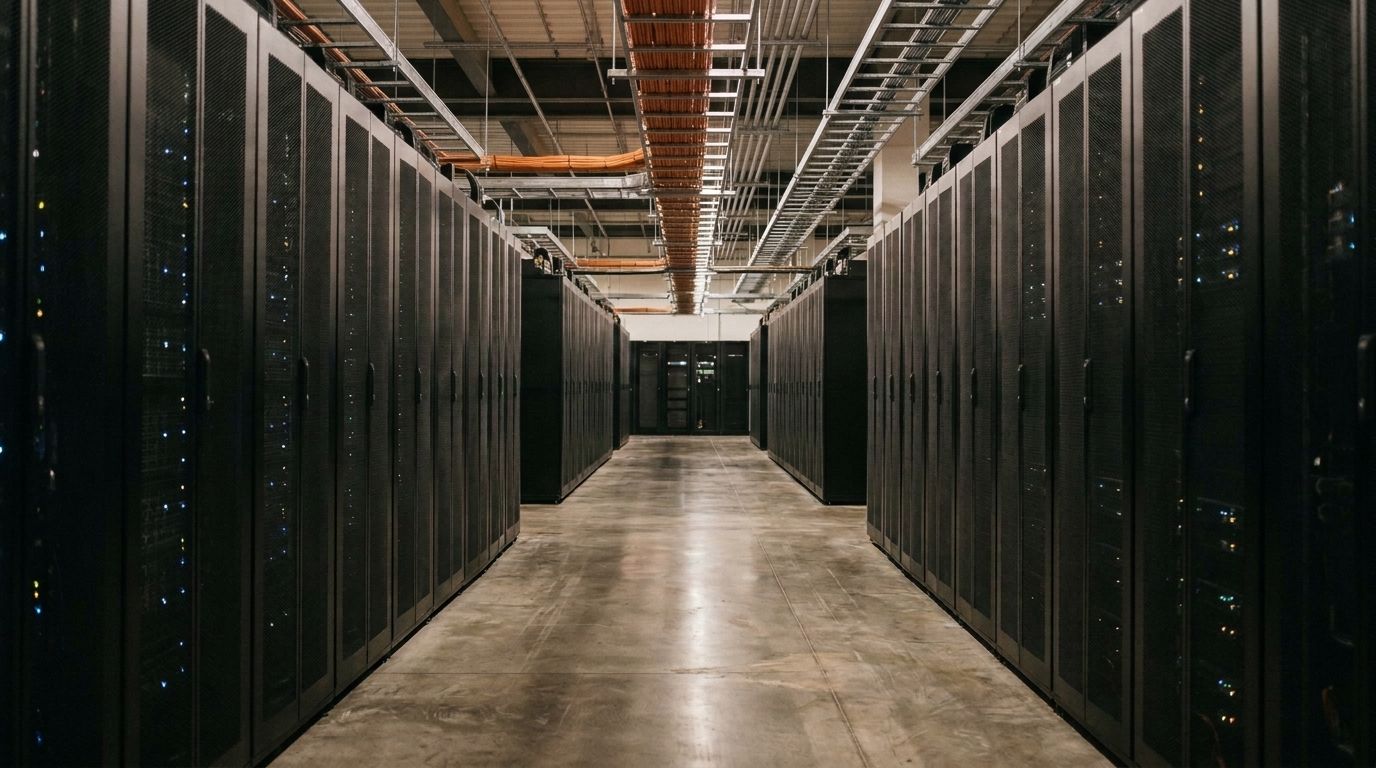 Corredor de data center com fileiras de racks de servidores