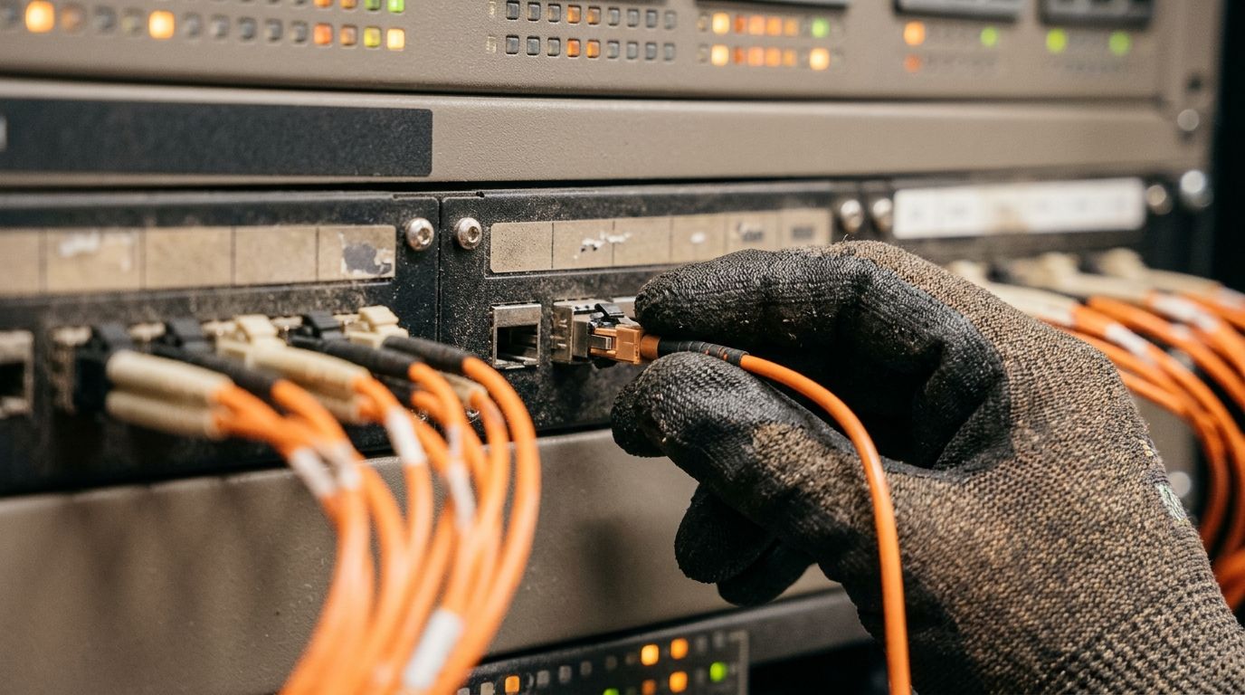 Técnico conectando cabos de fibra óptica em um rack de servidores