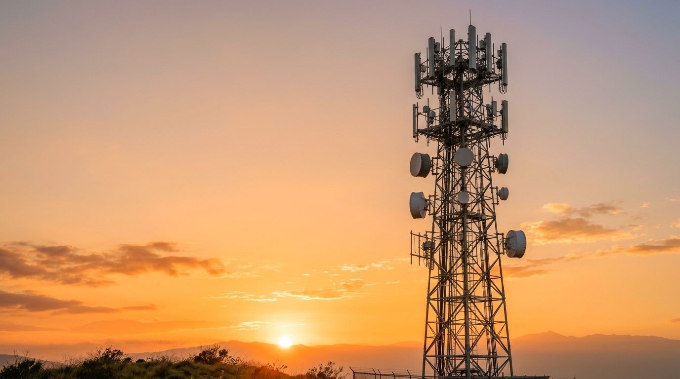 Torre de telecomunicações com antenas ao pôr do sol